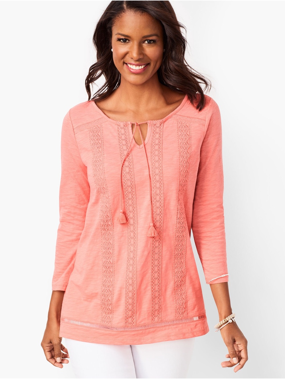 Talbots Peach Coastal Boho Cotton Crochet-Stripe Split Neck Blouse Size Large